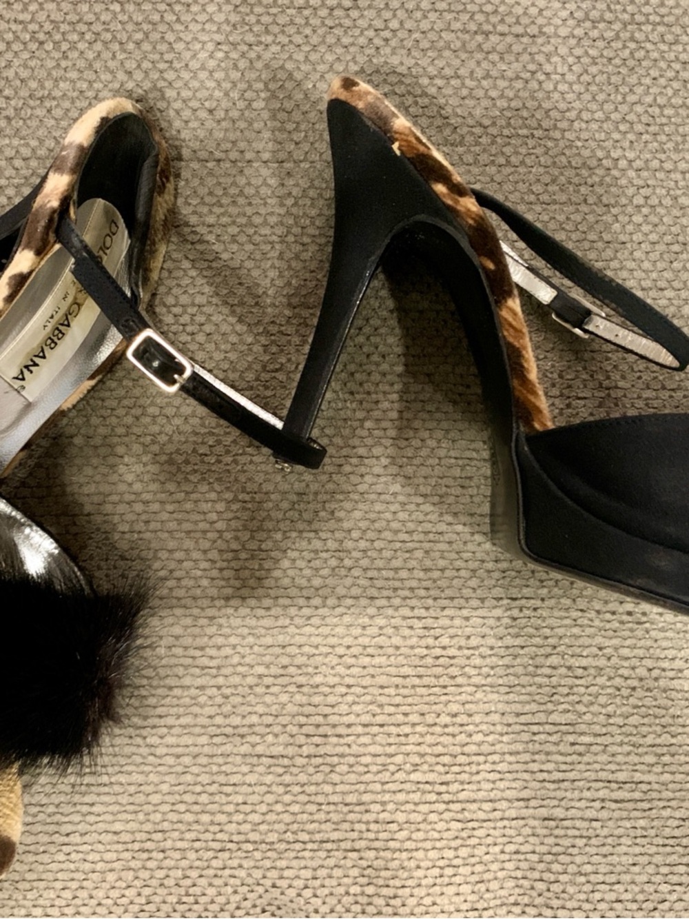 Dolce & Gabbana Black and Leopard Print Fur-Trim High Heel Sandals